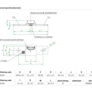 Isabellenhütte BSS current sensing shunt resistor with Molex DuraClik connector dimensional specifications image